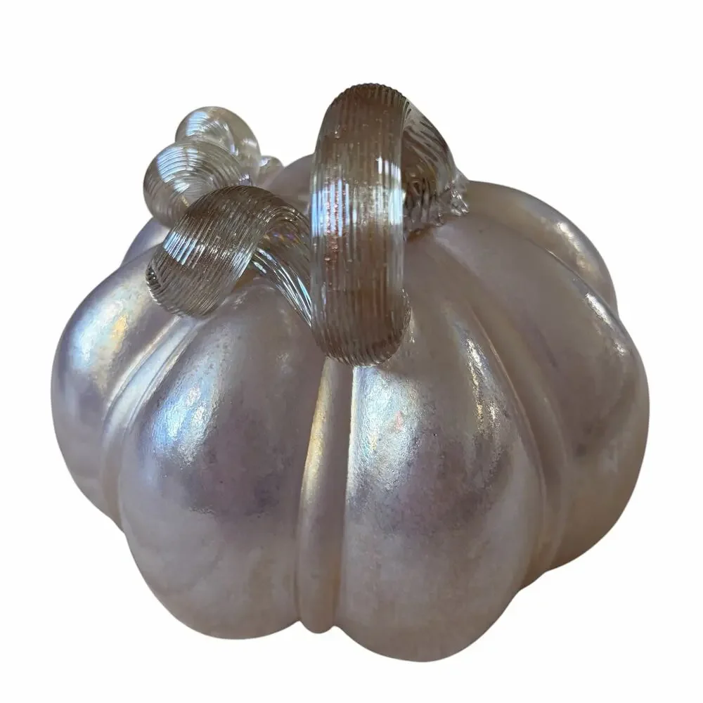 Hand Blown Art Glass Pumpkin 6in Iridescent Pink Chic Fall Designer Decor NEW